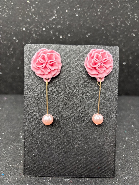 Handmade Jewelry - Pink Rose Drop Earrings | Gold Dangle with Pearl Bead